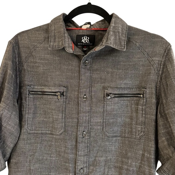 Rock & Republic stretch denim chambray roll sleeve shirt with zippers Size M - Picture 3 of 11